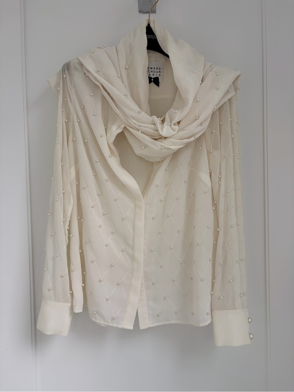 Pearl-Studded Cream Blouse with Scarf Detail